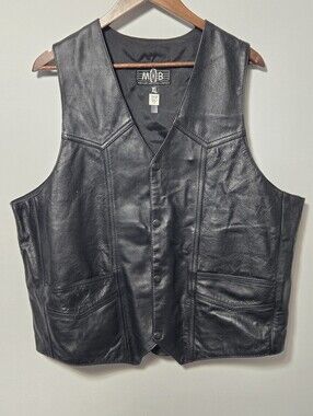 MOB Black Genuine Leather Biker Vest Men’s XL Snap Front Motorcycle